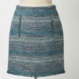 Ann‎ Taylor Loft Tweed Skirt Size 00 Teal Gray Fringed Lined Career